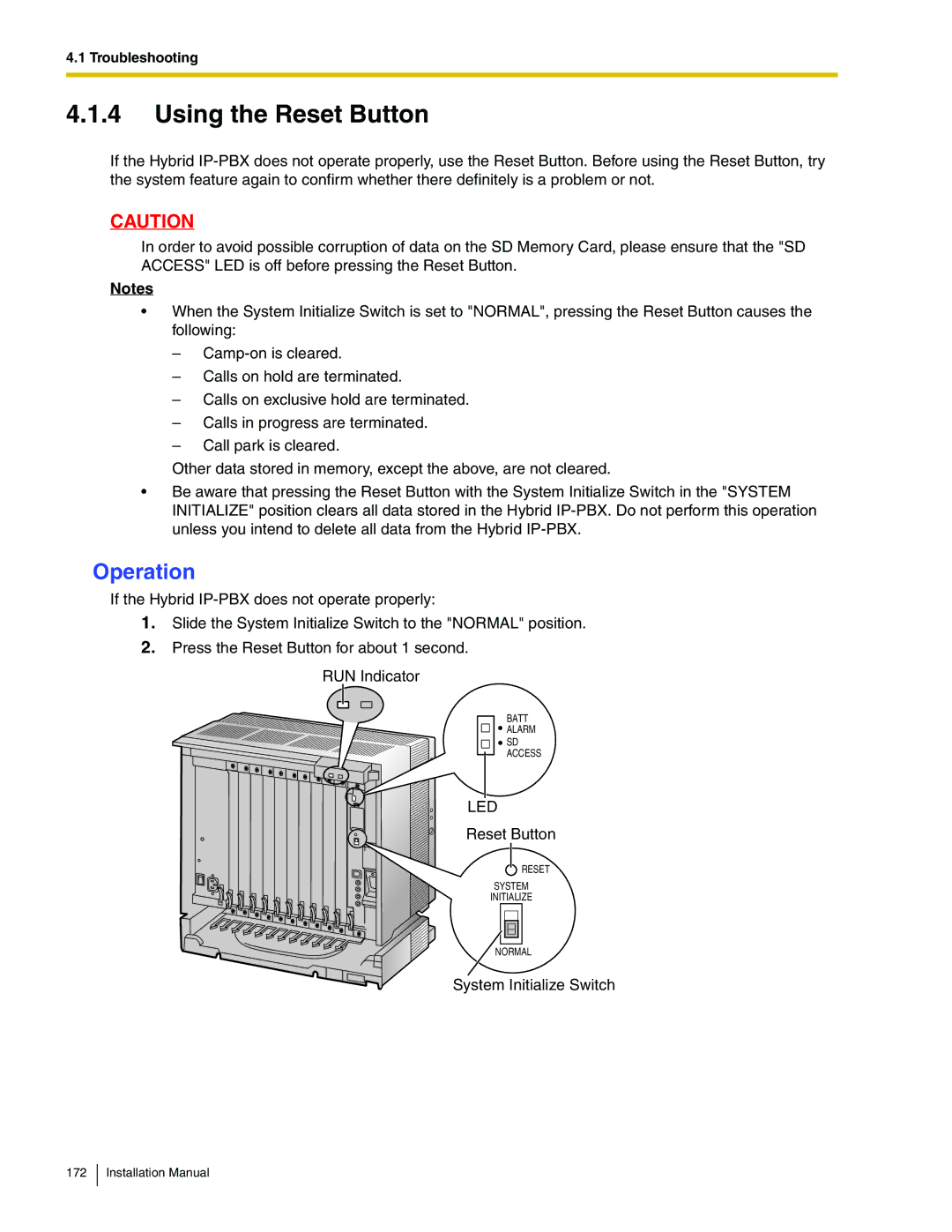 Panasonic KX-TDA100 installation manual Using the Reset Button, Operation 