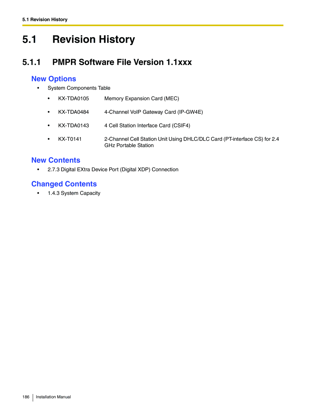 Panasonic KX-TDA100 Revision History, Pmpr Software File Version, New Options, New Contents, Changed Contents 