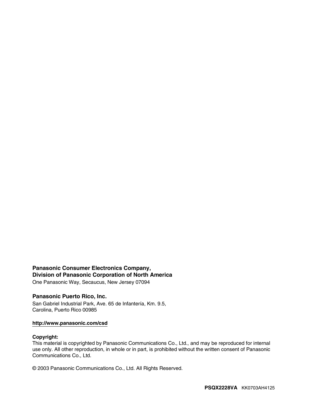 Panasonic KX-TDA100 installation manual Panasonic Puerto Rico, Inc, Copyright PSQX2228VA KK0703AH4125 