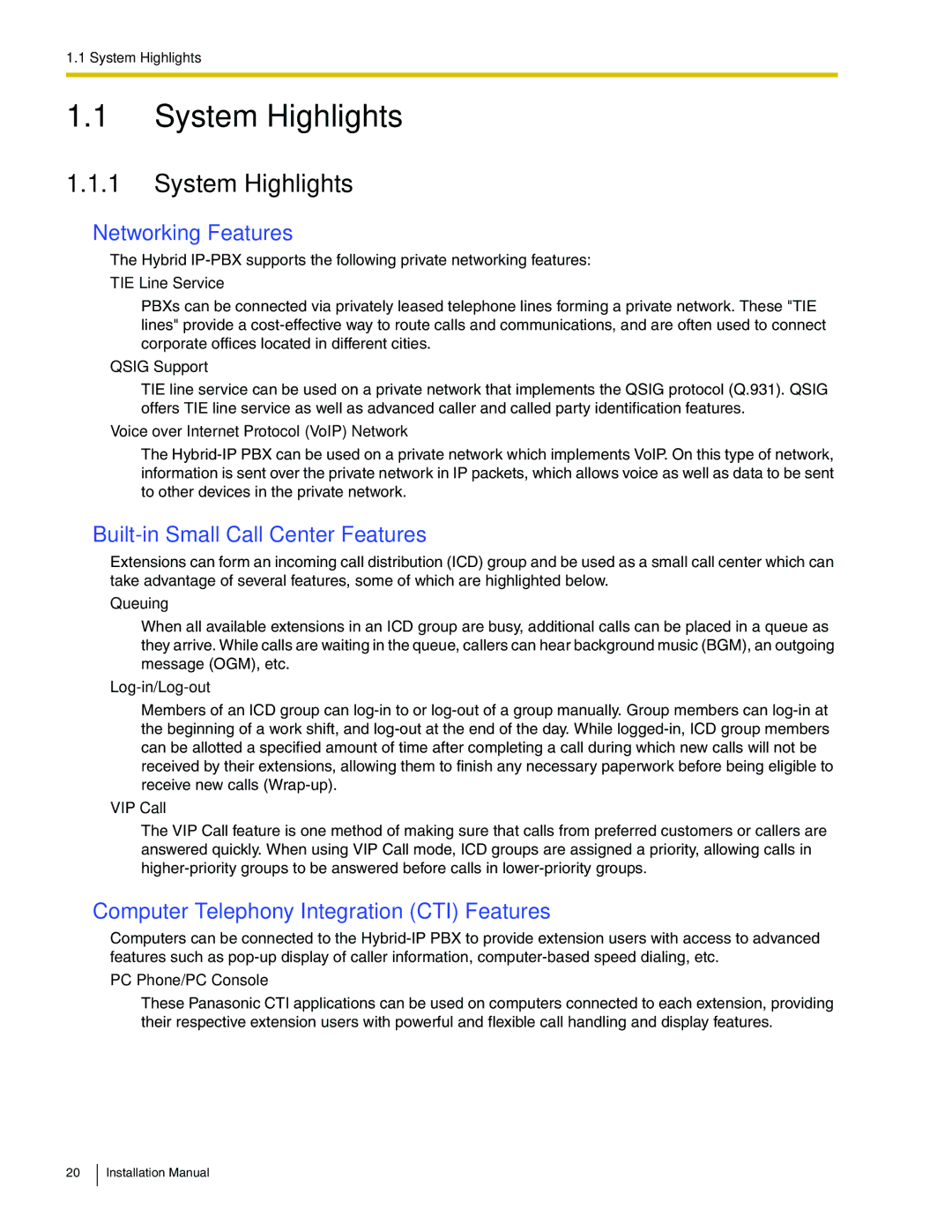 Panasonic KX-TDA100 installation manual System Highlights, Networking Features, Built-in Small Call Center Features 