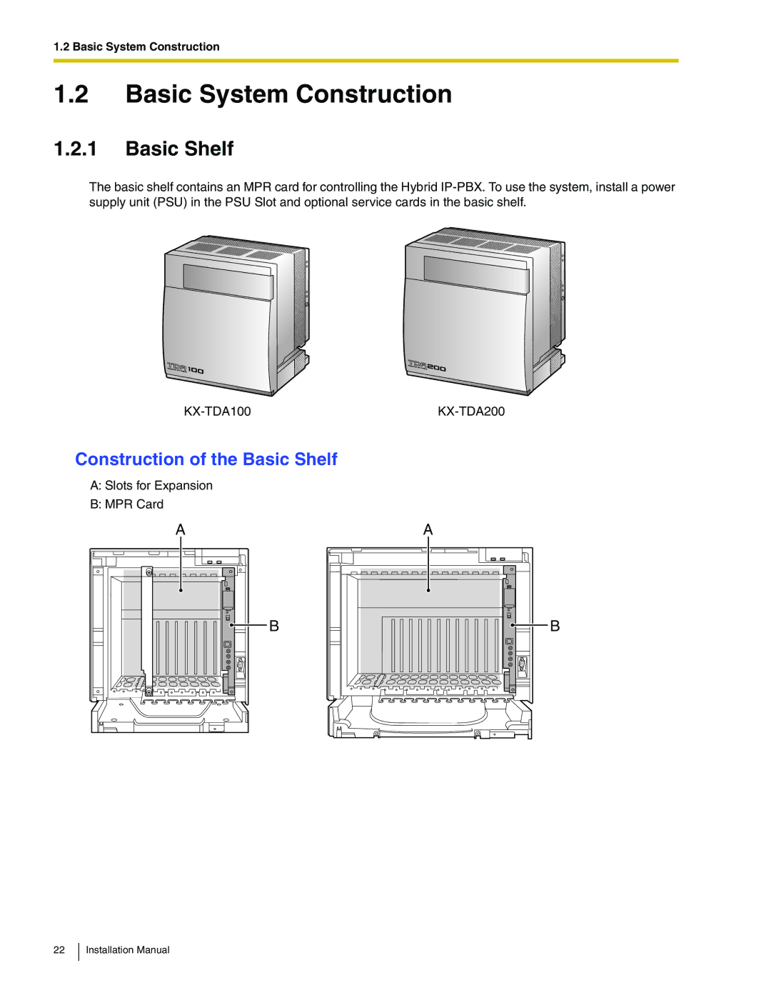 Panasonic KX-TDA100 installation manual Basic System Construction, Construction of the Basic Shelf 