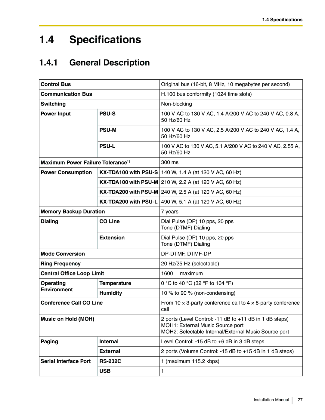 Panasonic KX-TDA100 installation manual Specifications, General Description 