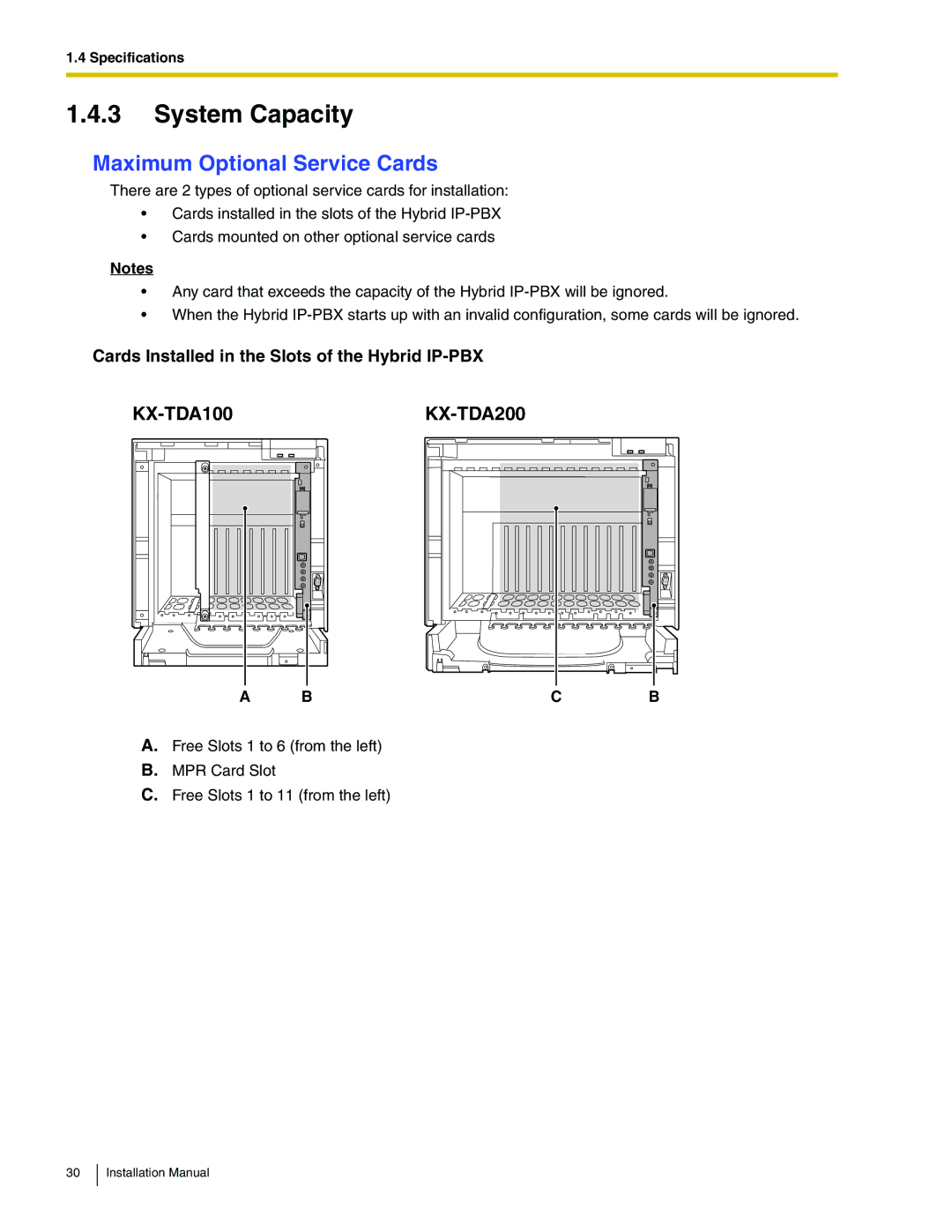 Panasonic KX-TDA100 System Capacity, Maximum Optional Service Cards, Cards Installed in the Slots of the Hybrid IP-PBX 