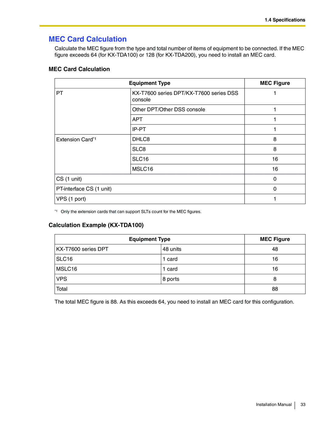 Panasonic installation manual MEC Card Calculation, Calculation Example KX-TDA100, Equipment Type MEC Figure 