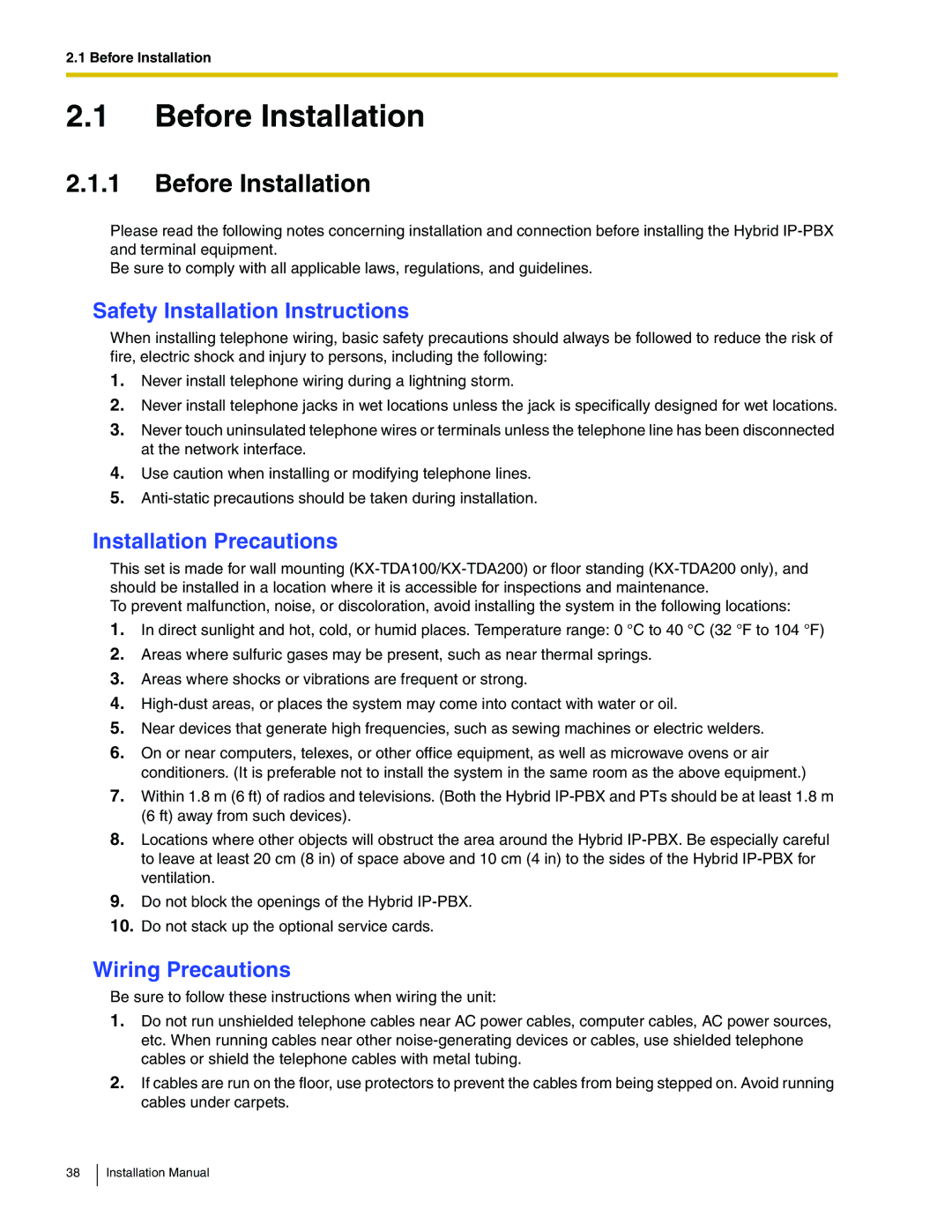 Panasonic KX-TDA100 Before Installation, Safety Installation Instructions, Installation Precautions, Wiring Precautions 