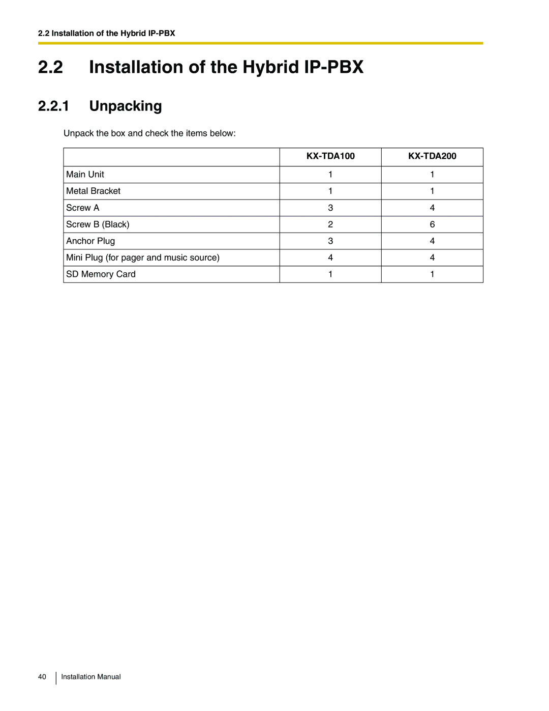 Panasonic KX-TDA100 installation manual Installation of the Hybrid IP-PBX, Unpacking 