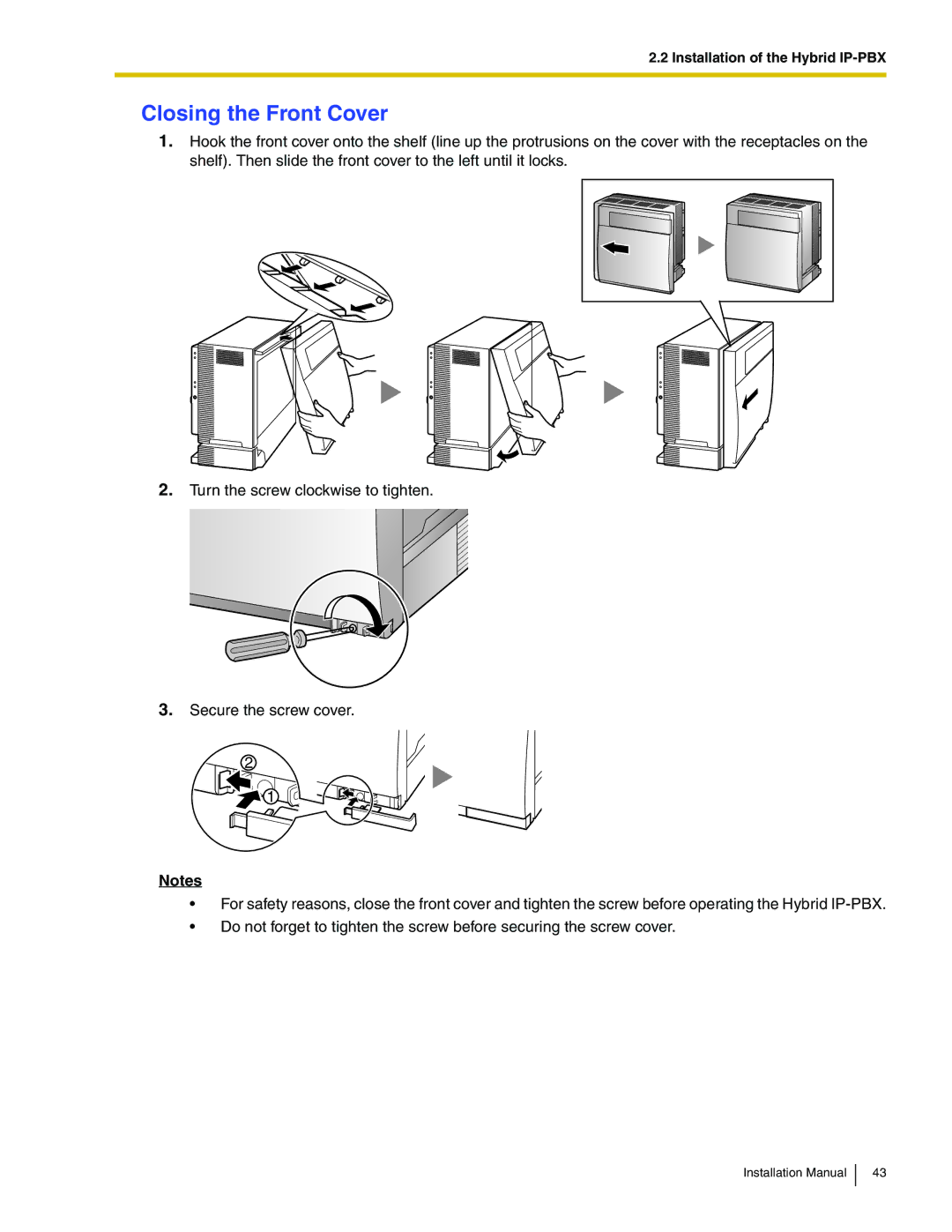 Panasonic KX-TDA100 installation manual Closing the Front Cover 