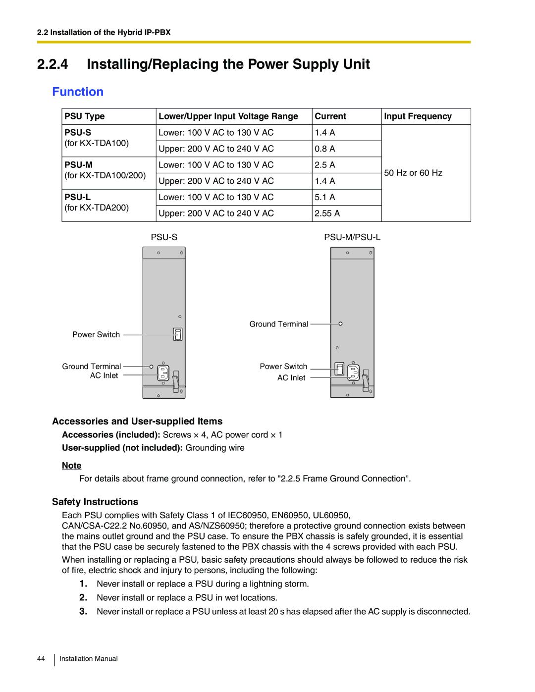 Panasonic KX-TDA100 Installing/Replacing the Power Supply Unit, Function, Accessories and User-supplied Items 