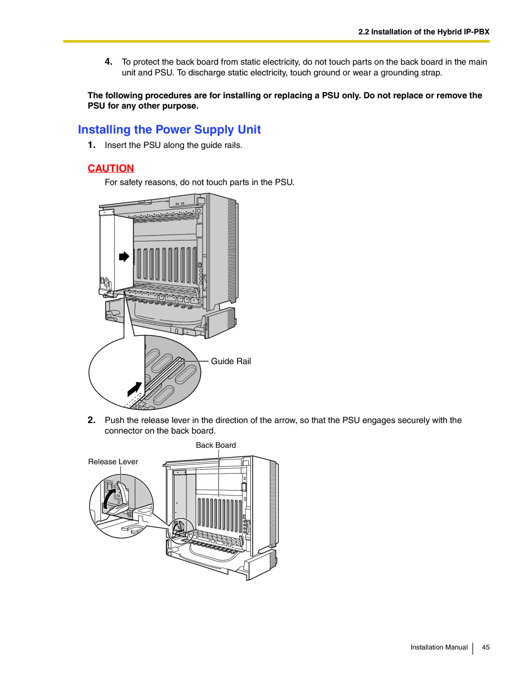 Panasonic KX-TDA100 installation manual Installing the Power Supply Unit 