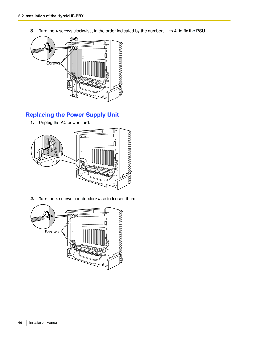 Panasonic KX-TDA100 installation manual Replacing the Power Supply Unit 