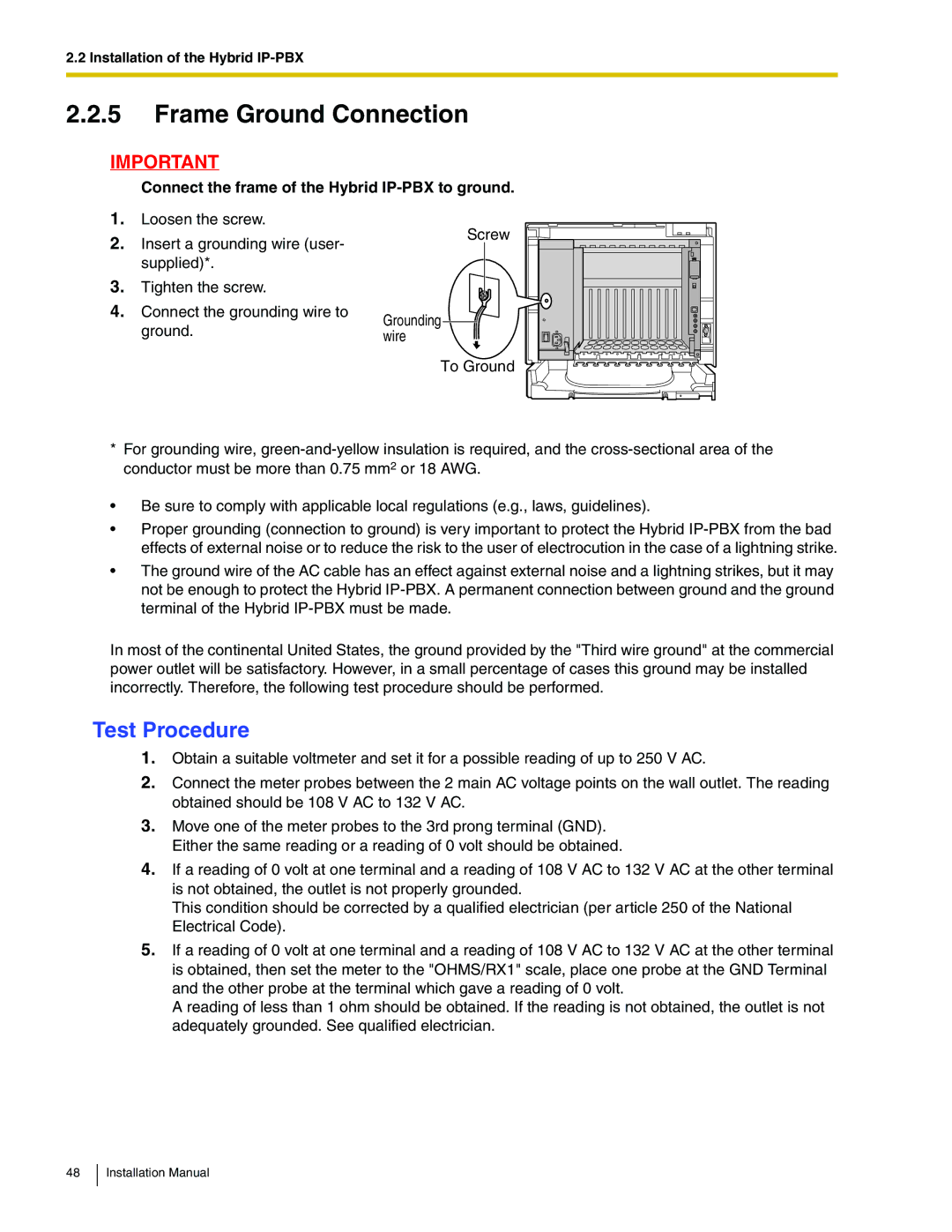 Panasonic KX-TDA100 Frame Ground Connection, Test Procedure, Connect the frame of the Hybrid IP-PBX to ground 