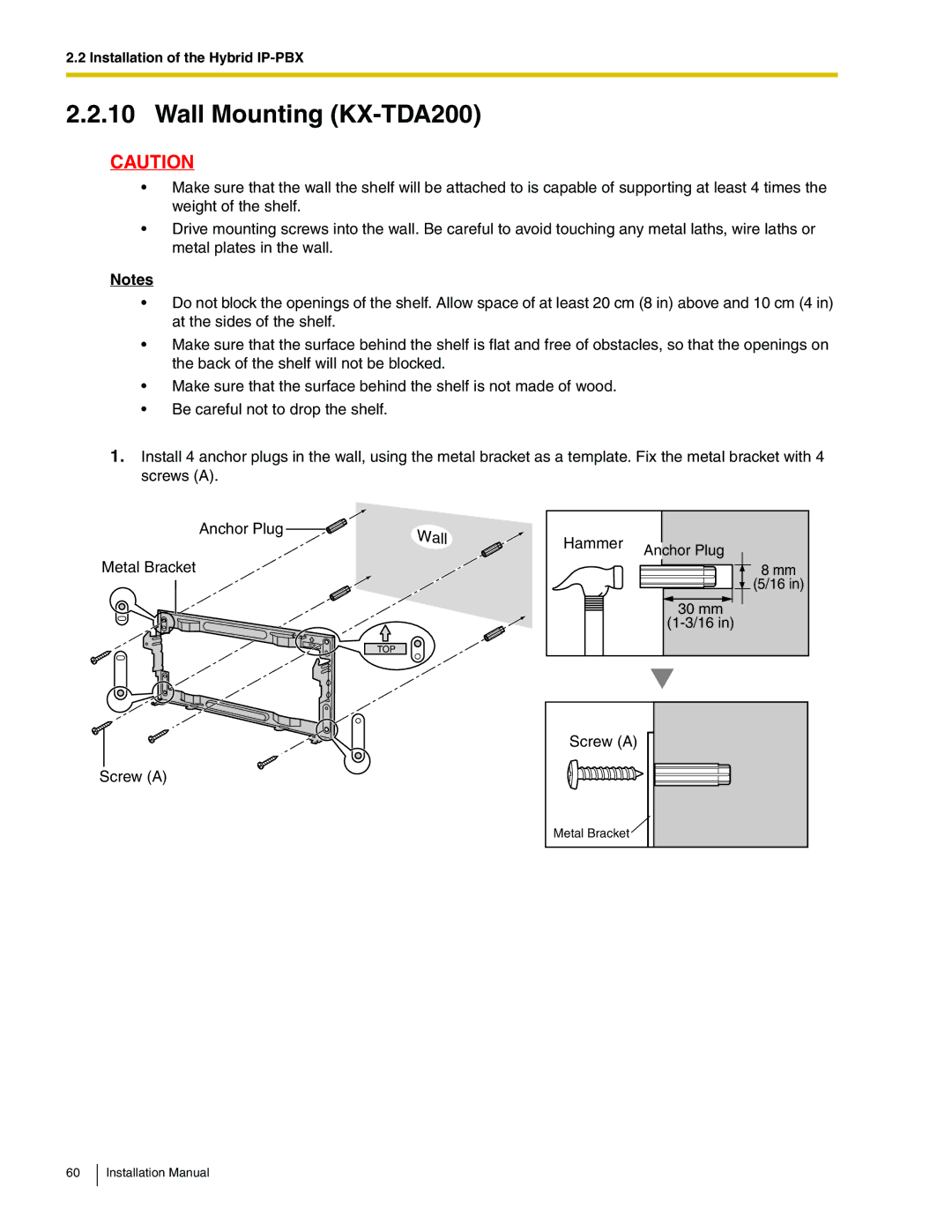 Panasonic KX-TDA100 installation manual Wall Mounting KX-TDA200 