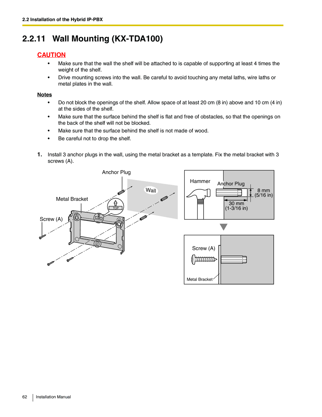 Panasonic installation manual Wall Mounting KX-TDA100 