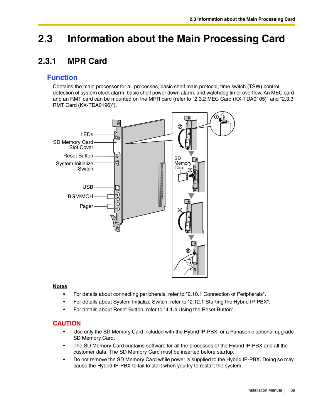 Panasonic KX-TDA100 installation manual Information about the Main Processing Card, MPR Card, Usb Bgm/Moh 