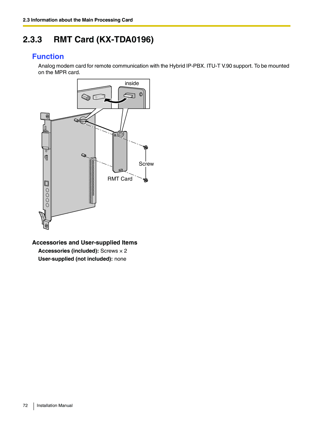 Panasonic KX-TDA100 installation manual RMT Card KX-TDA0196 