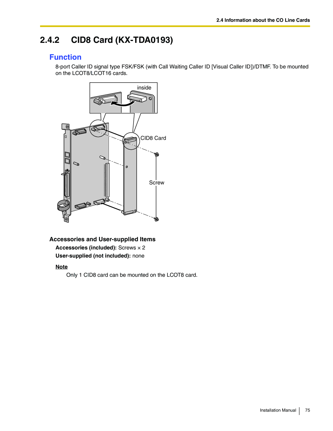 Panasonic KX-TDA100 installation manual 2 CID8 Card KX-TDA0193 