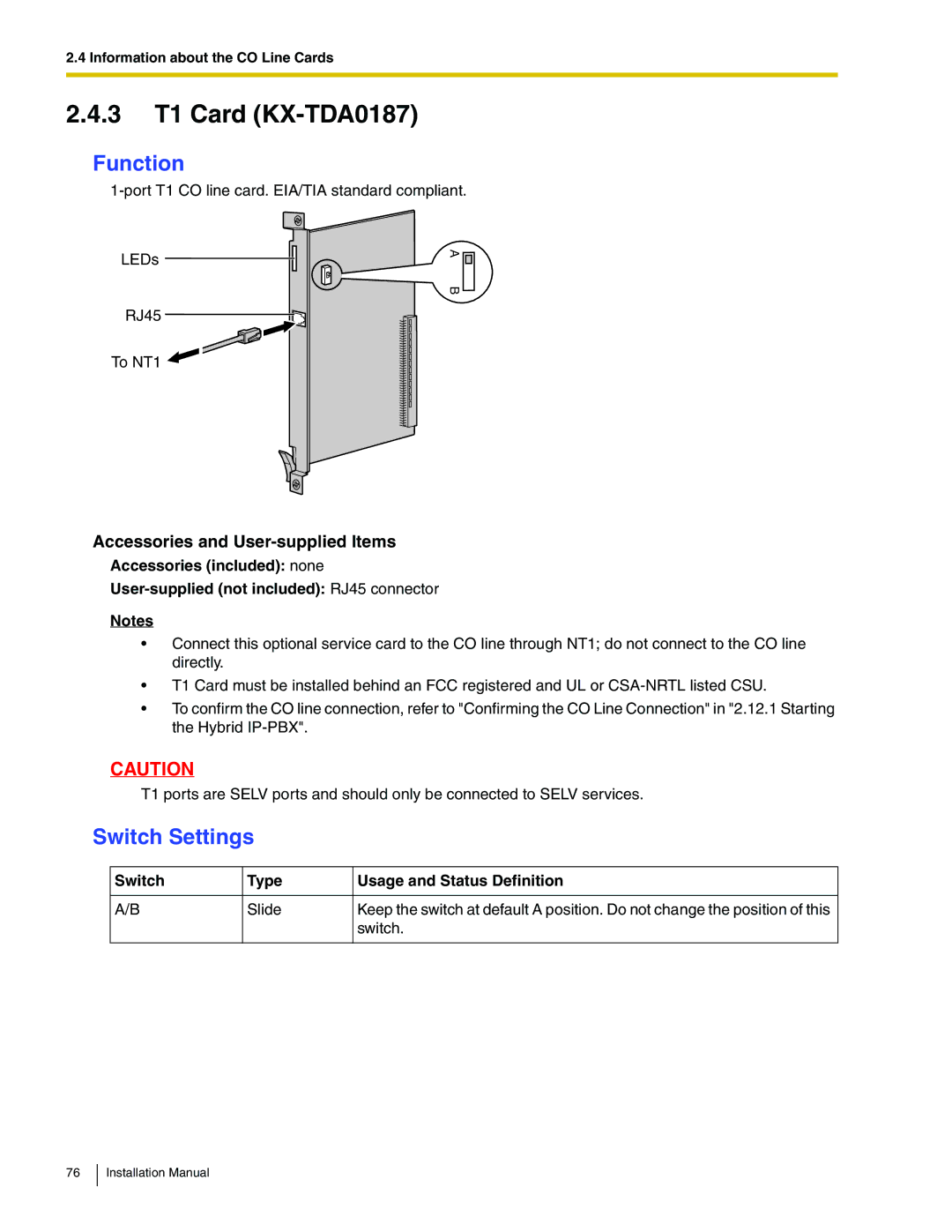 Panasonic KX-TDA100 3 T1 Card KX-TDA0187, Switch Settings, Switch Type Usage and Status Definition Slide 