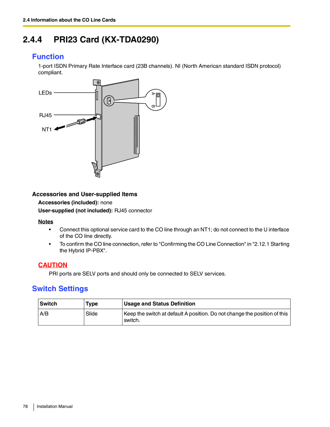 Panasonic KX-TDA100 installation manual 4 PRI23 Card KX-TDA0290 