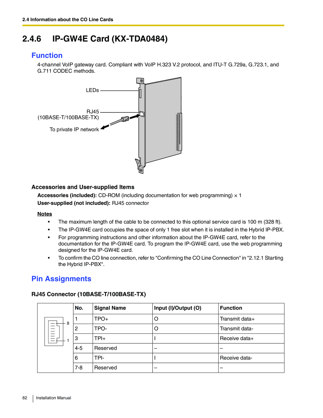 Panasonic KX-TDA100 installation manual IP-GW4E Card KX-TDA0484, RJ45 Connector 10BASE-T/100BASE-TX 