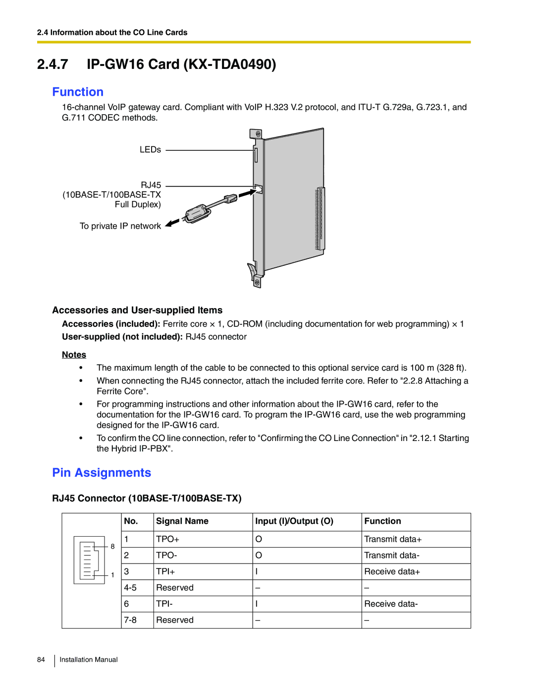 Panasonic KX-TDA100 installation manual IP-GW16 Card KX-TDA0490 