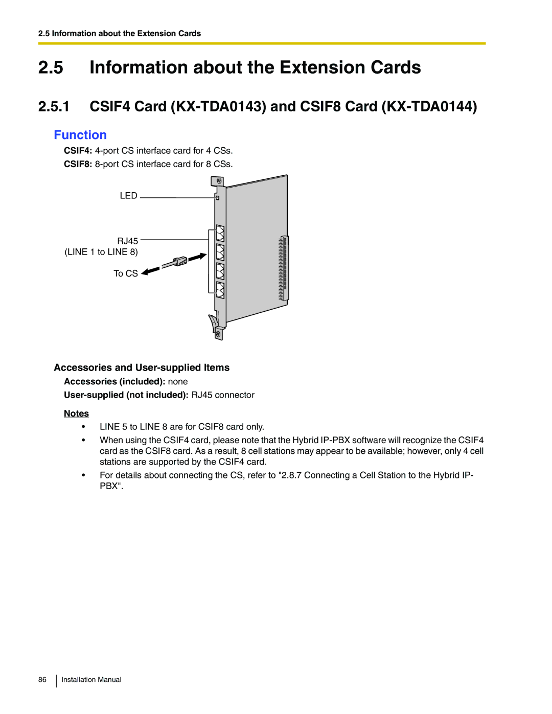 Panasonic KX-TDA100 Information about the Extension Cards, CSIF4 Card KX-TDA0143 and CSIF8 Card KX-TDA0144 