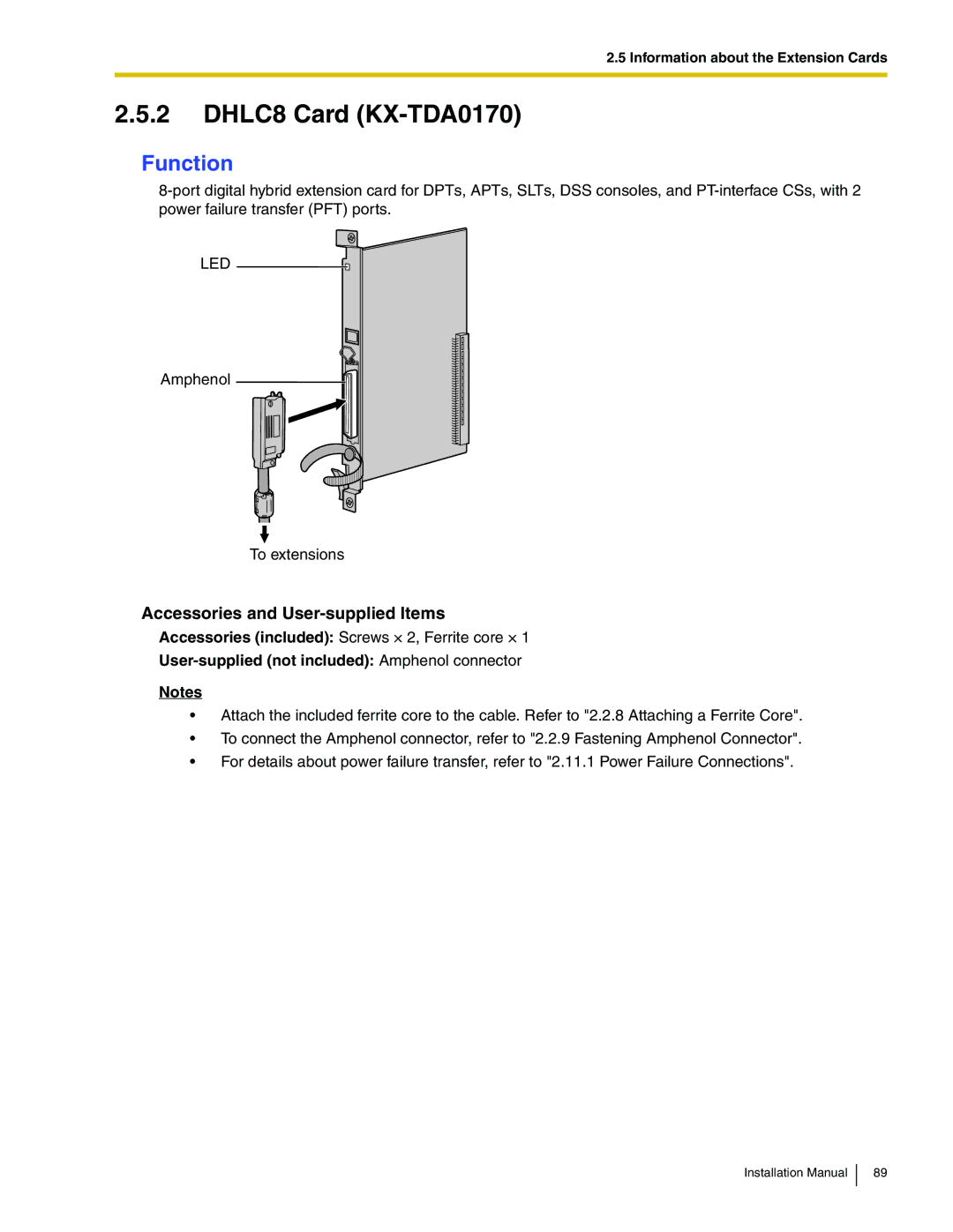 Panasonic KX-TDA100 installation manual DHLC8 Card KX-TDA0170, Function 