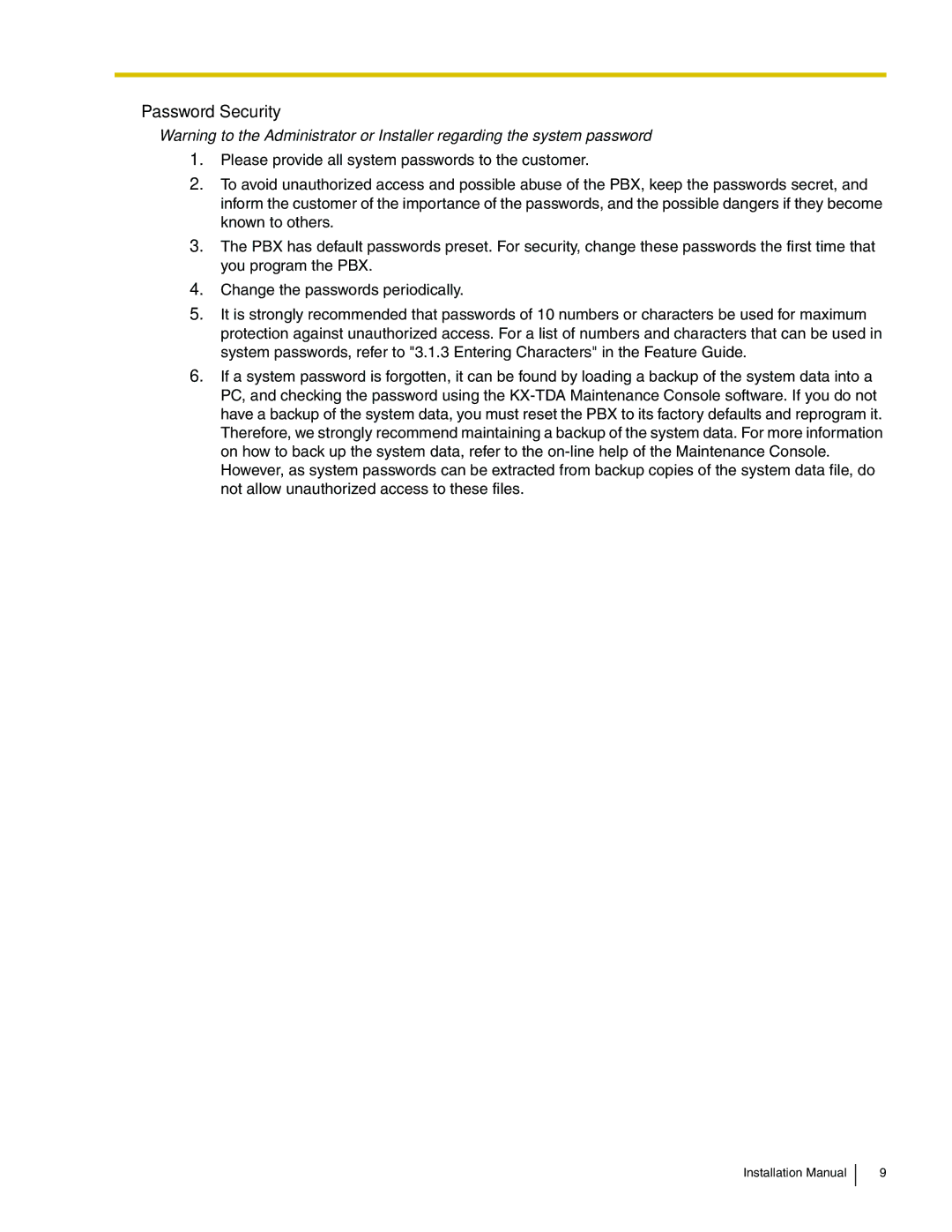 Panasonic KX-TDA100 installation manual Password Security 