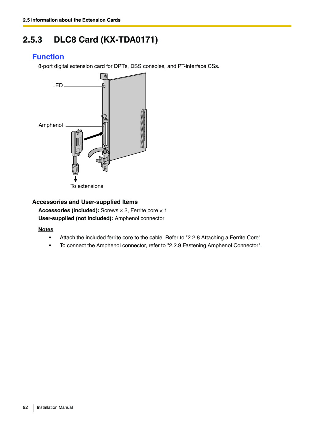 Panasonic KX-TDA100 installation manual 3 DLC8 Card KX-TDA0171, Function 