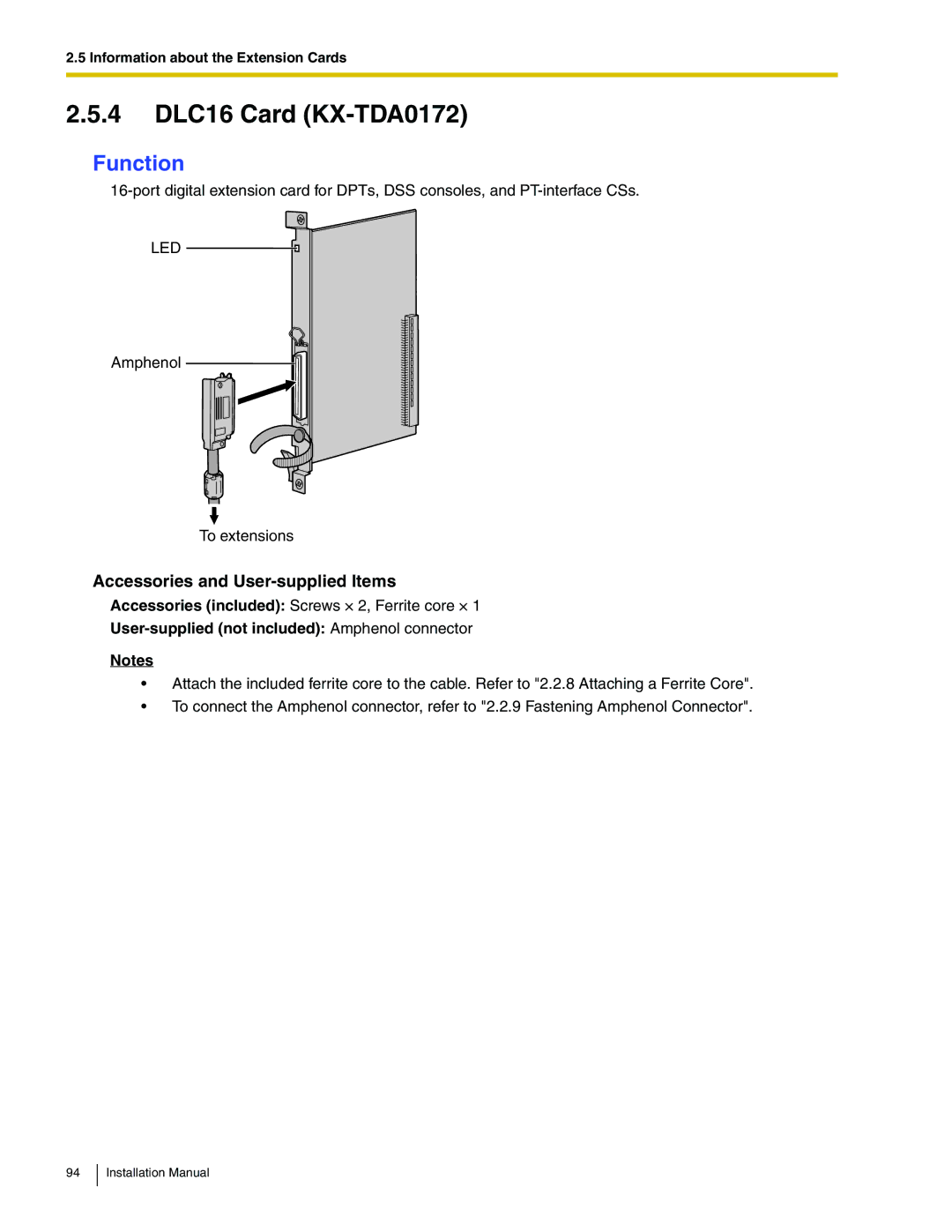 Panasonic KX-TDA100 installation manual 4 DLC16 Card KX-TDA0172 