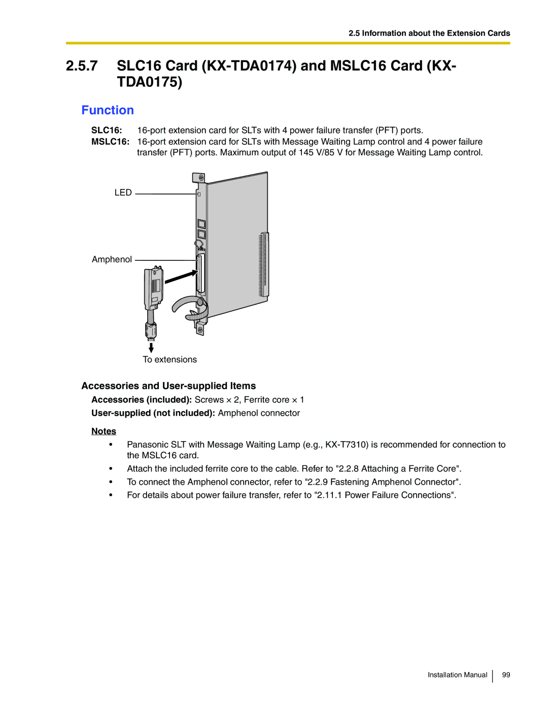 Panasonic KX-TDA100 installation manual 7 SLC16 Card KX-TDA0174 and MSLC16 Card KX- TDA0175, Led 