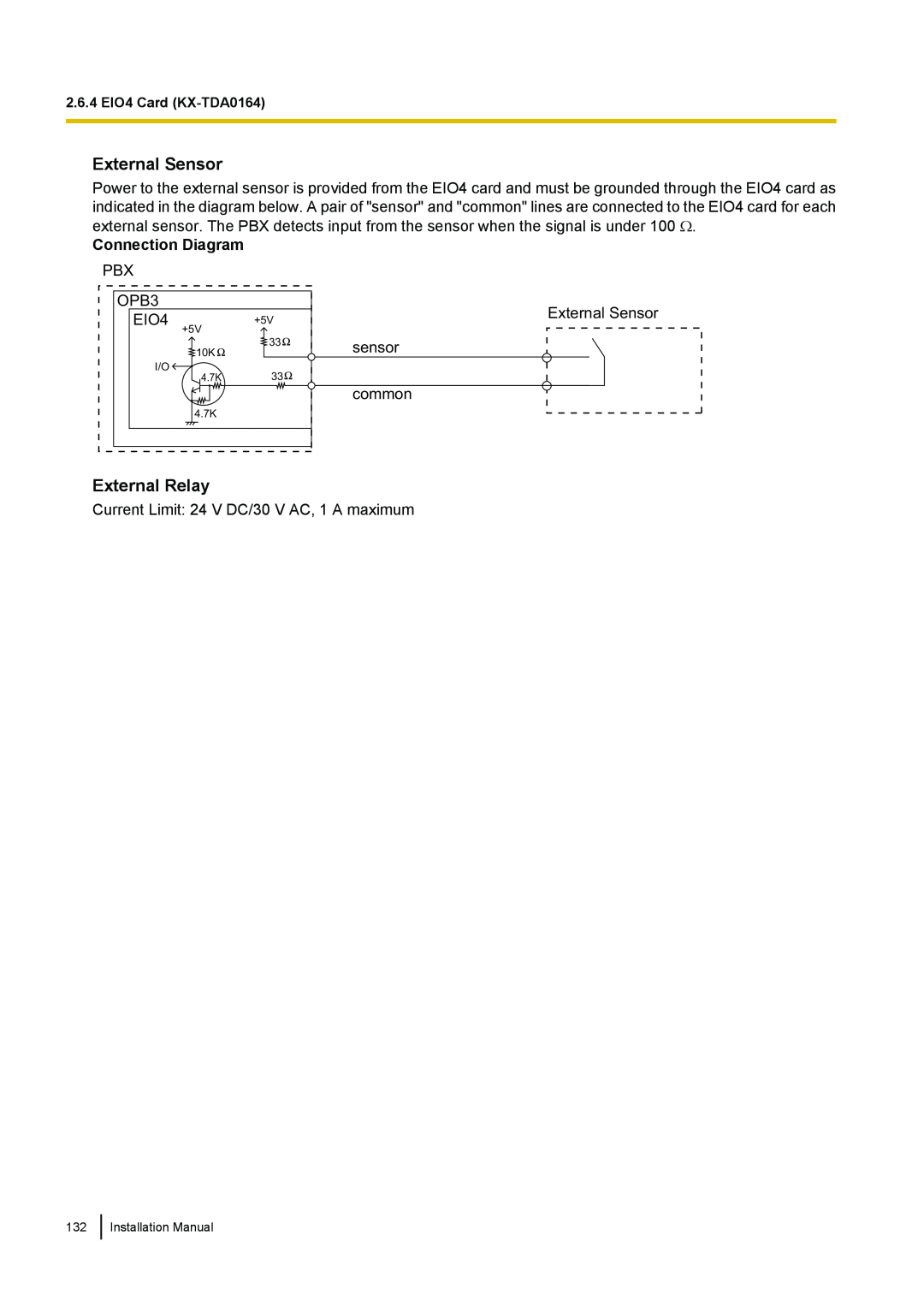 Panasonic KX-TDA100 installation manual External Sensor, External Relay, Connection Diagram 