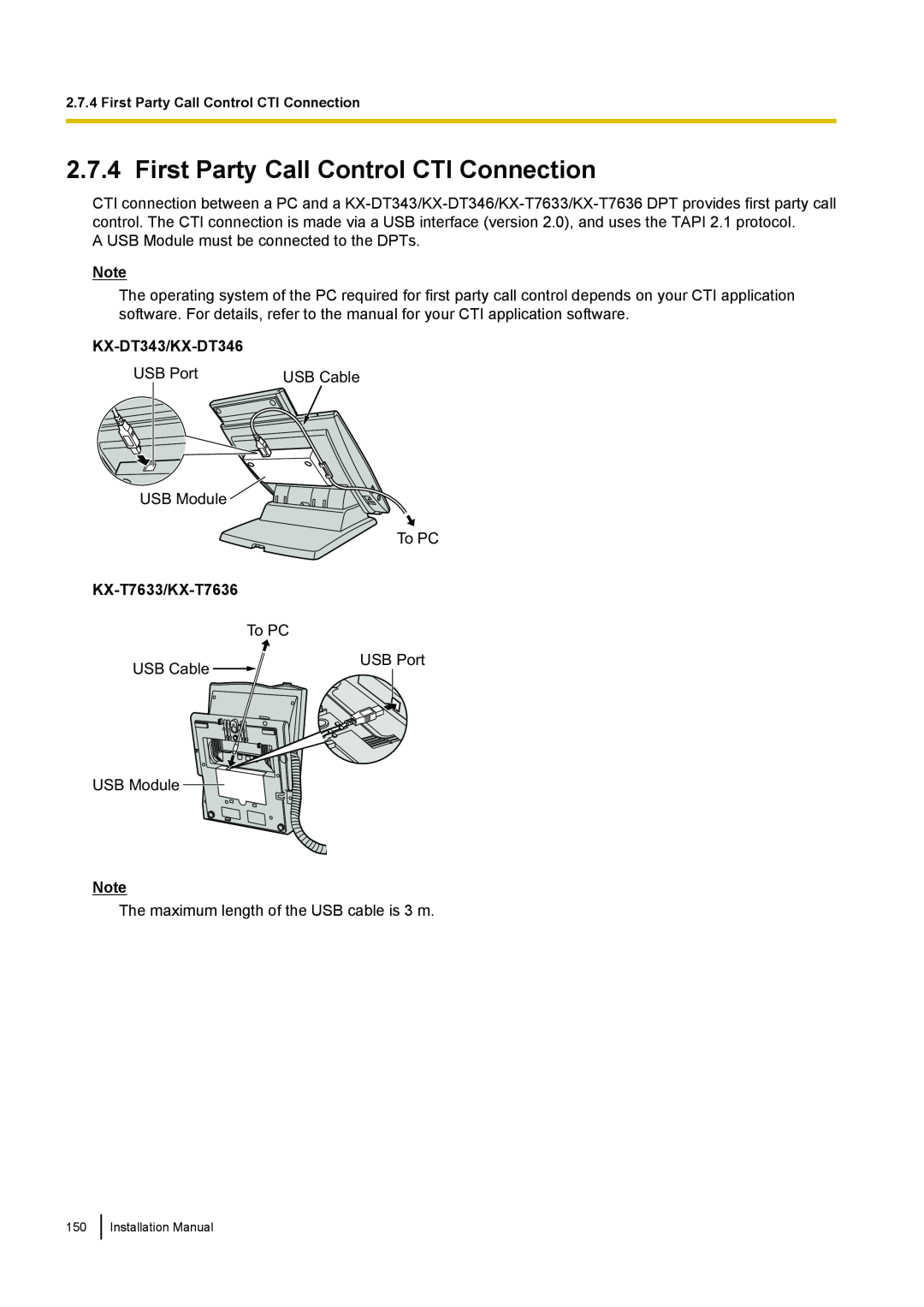 Panasonic KX-TDA100 installation manual First Party Call Control CTI Connection, KX-DT343/KX-DT346, KX-T7633/KX-T7636 