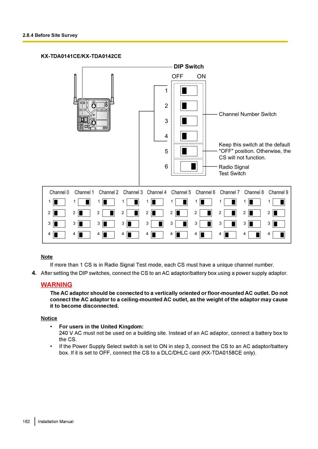 Panasonic KX-TDA100 installation manual DIP Switch, Off On, KX-TDA0141CE/KX-TDA0142CE, For users in the United Kingdom 