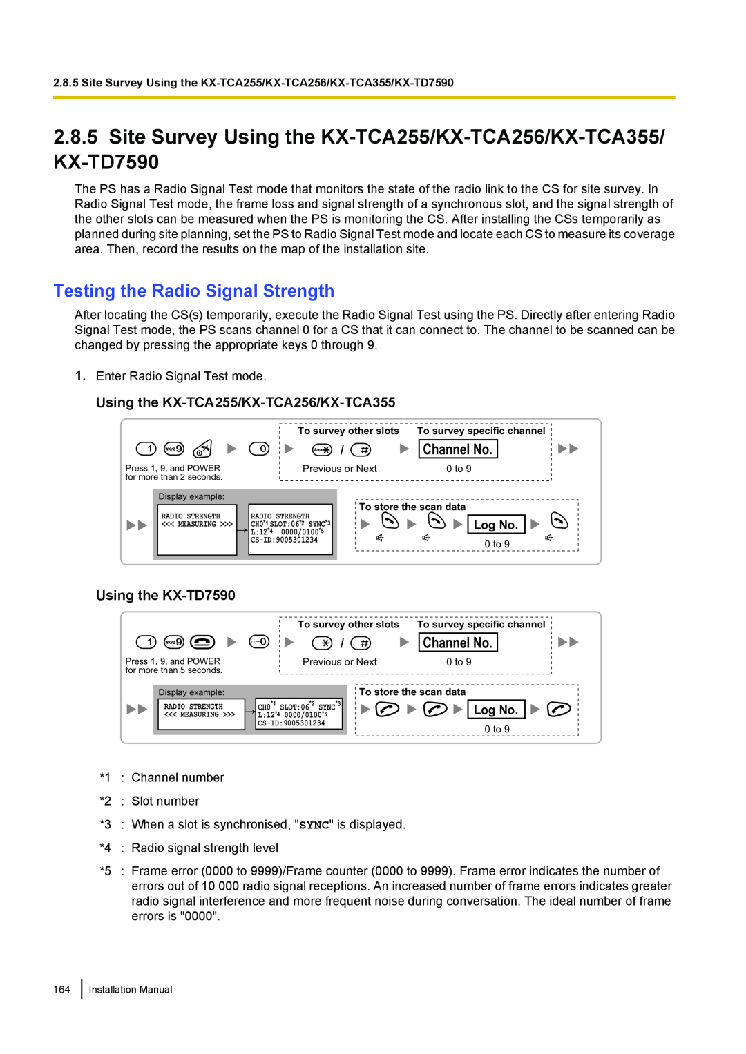 Panasonic KX-TDA100 Site Survey Using the KX-TCA255/KX-TCA256/KX-TCA355/ KX-TD7590, Testing the Radio Signal Strength 