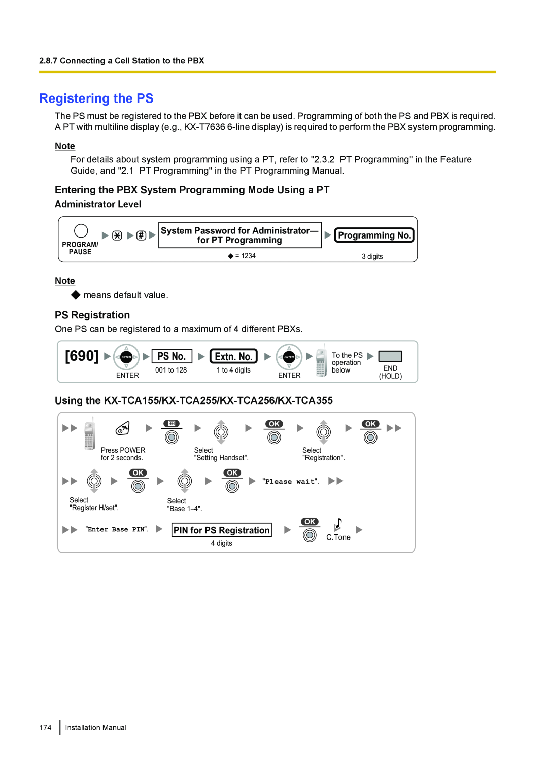 Panasonic KX-TDA100 Registering the PS, PS No, Entering the PBX System Programming Mode Using a PT, PS Registration 
