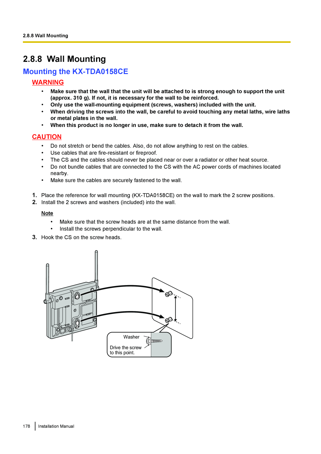 Panasonic KX-TDA100 installation manual Wall Mounting, Mounting the KX-TDA0158CE 