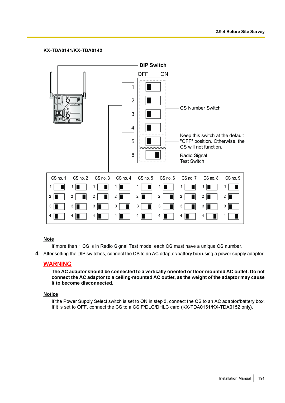 Panasonic KX-TDA100 installation manual DIP Switch, Off On, KX-TDA0141/KX-TDA0142 