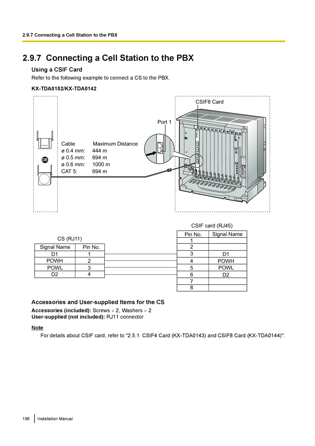 Panasonic KX-TDA100 installation manual Connecting a Cell Station to the PBX, Using a CSIF Card, KX-TDA0152/KX-TDA0142 