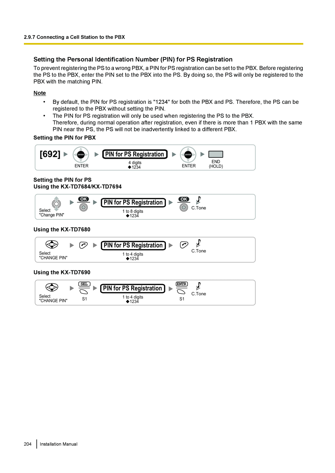 Panasonic KX-TDA100 Setting the Personal Identification Number PIN for PS Registration, Setting the PIN for PBX 