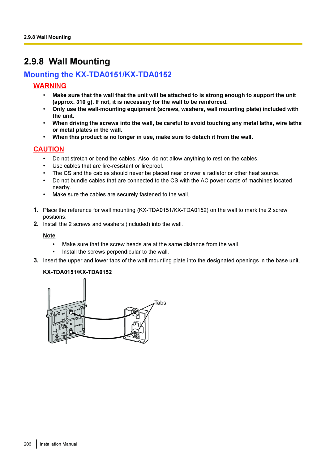 Panasonic KX-TDA100 installation manual Wall Mounting, Mounting the KX-TDA0151/KX-TDA0152 