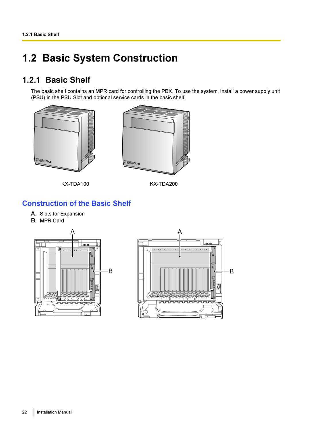 Panasonic KX-TDA100 installation manual Basic System Construction, Construction of the Basic Shelf 