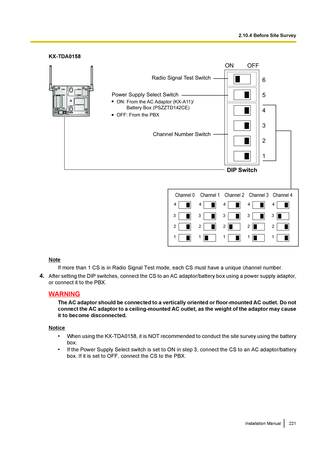 Panasonic KX-TDA100 installation manual On Off, DIP Switch, KX-TDA0158 