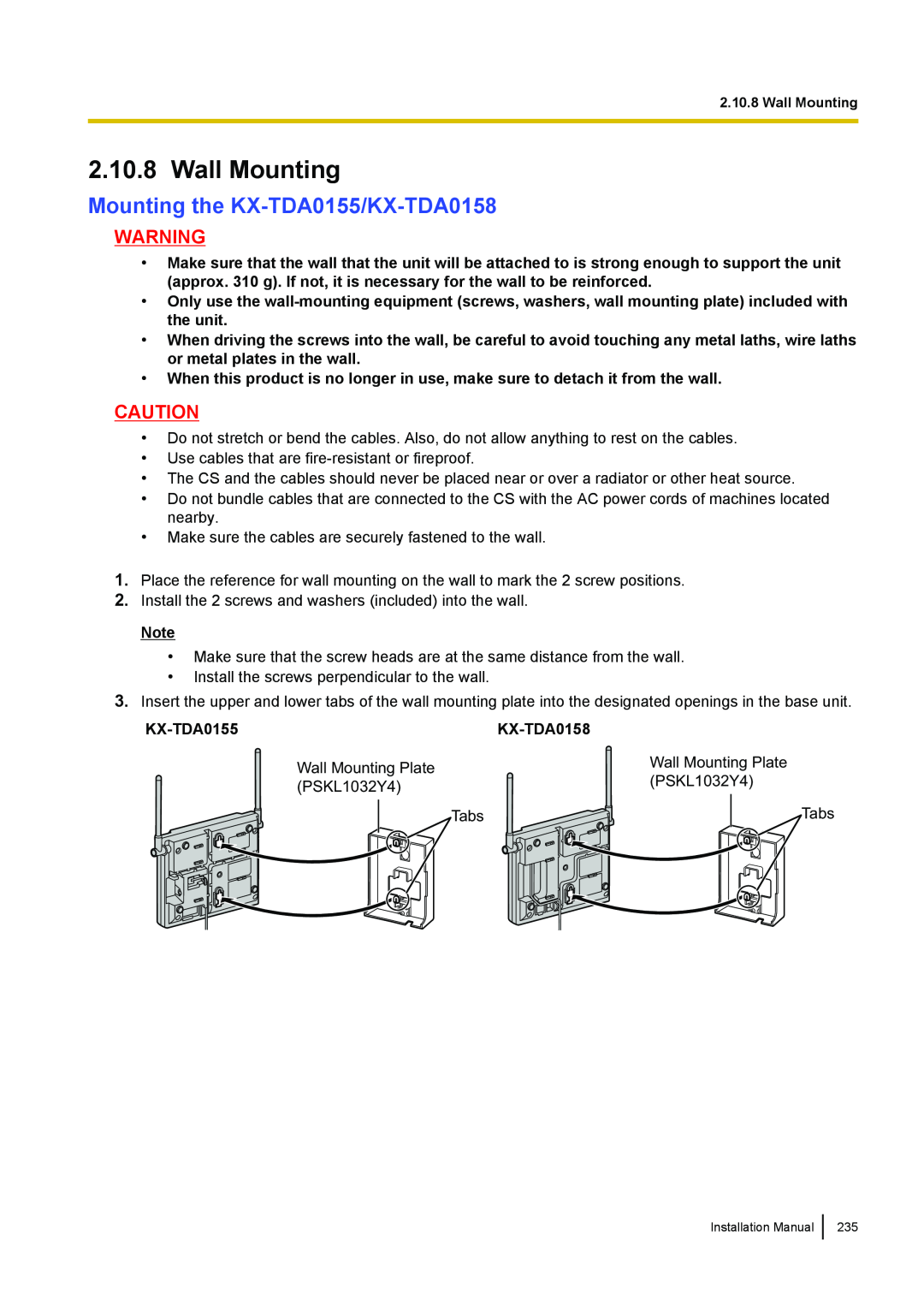 Panasonic KX-TDA100 installation manual Wall Mounting, Mounting the KX-TDA0155/KX-TDA0158 