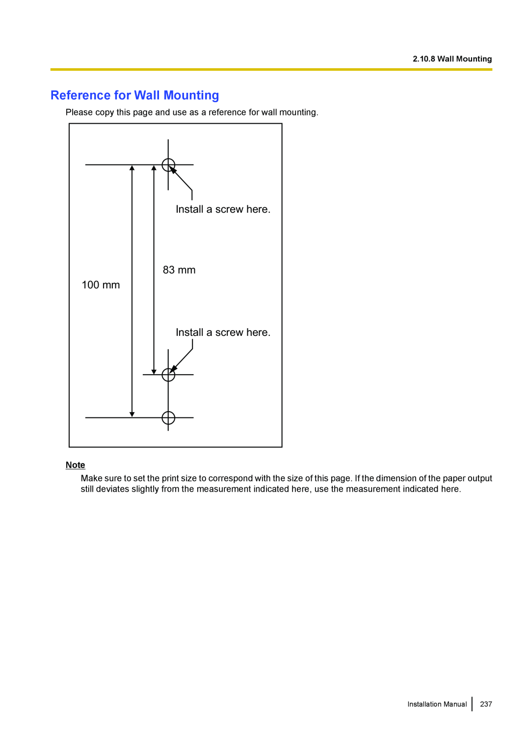 Panasonic KX-TDA100 installation manual Reference for Wall Mounting, Install a screw here, 100 mm, 83 mm 