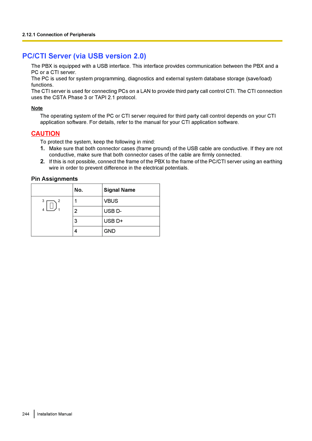 Panasonic KX-TDA100 installation manual PC/CTI Server via USB version, Pin Assignments 