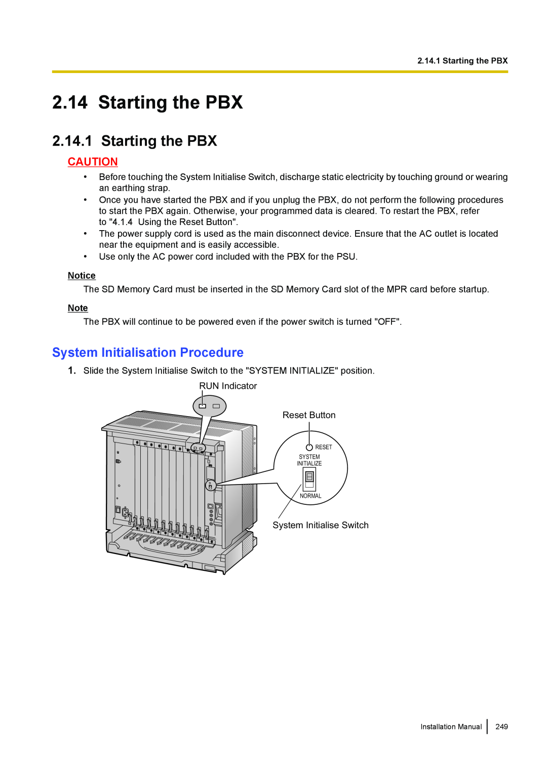 Panasonic KX-TDA100 installation manual Starting the PBX, System Initialisation Procedure 
