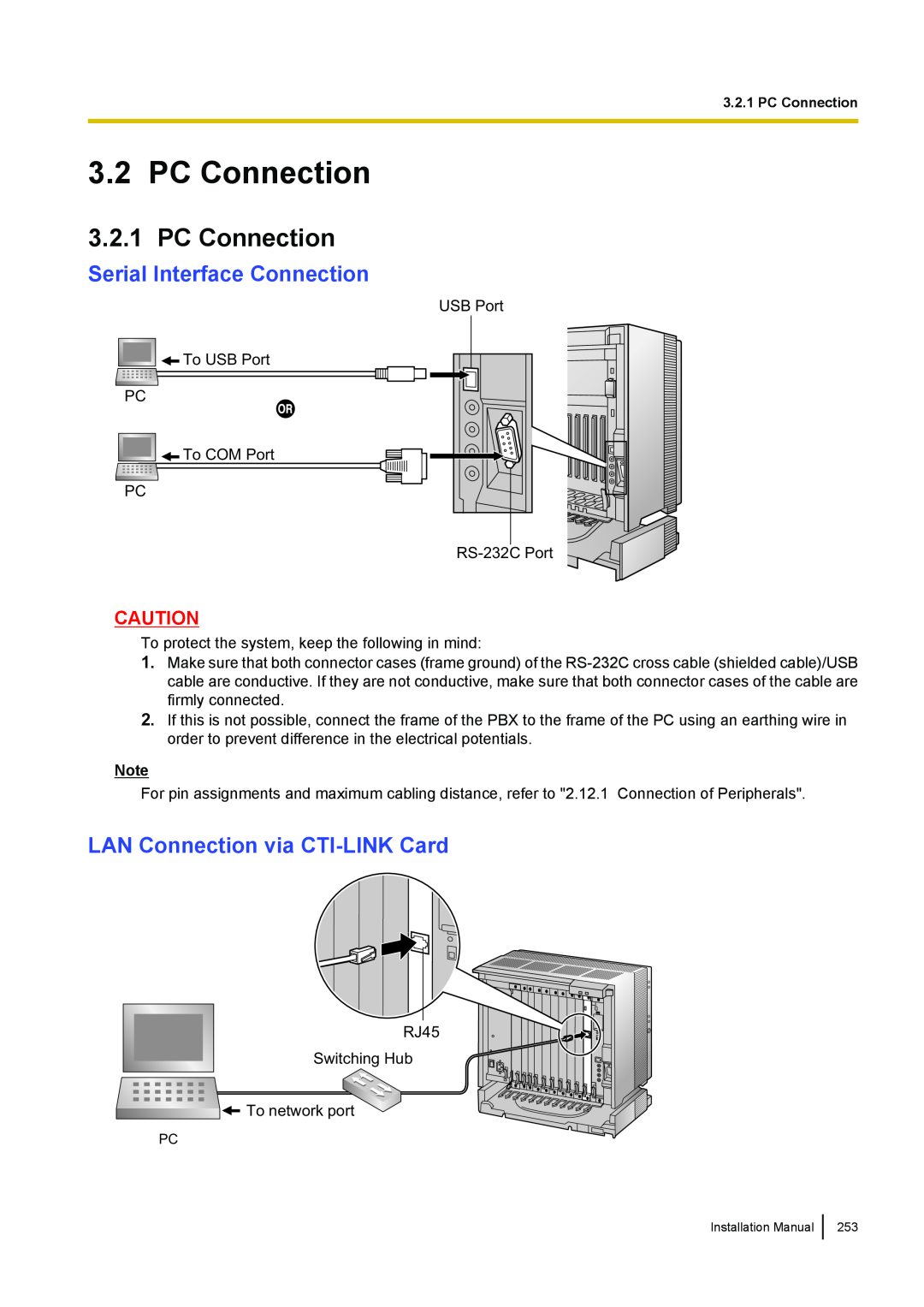 Panasonic KX-TDA100 installation manual PC Connection, Serial Interface Connection, LAN Connection via CTI-LINK Card 