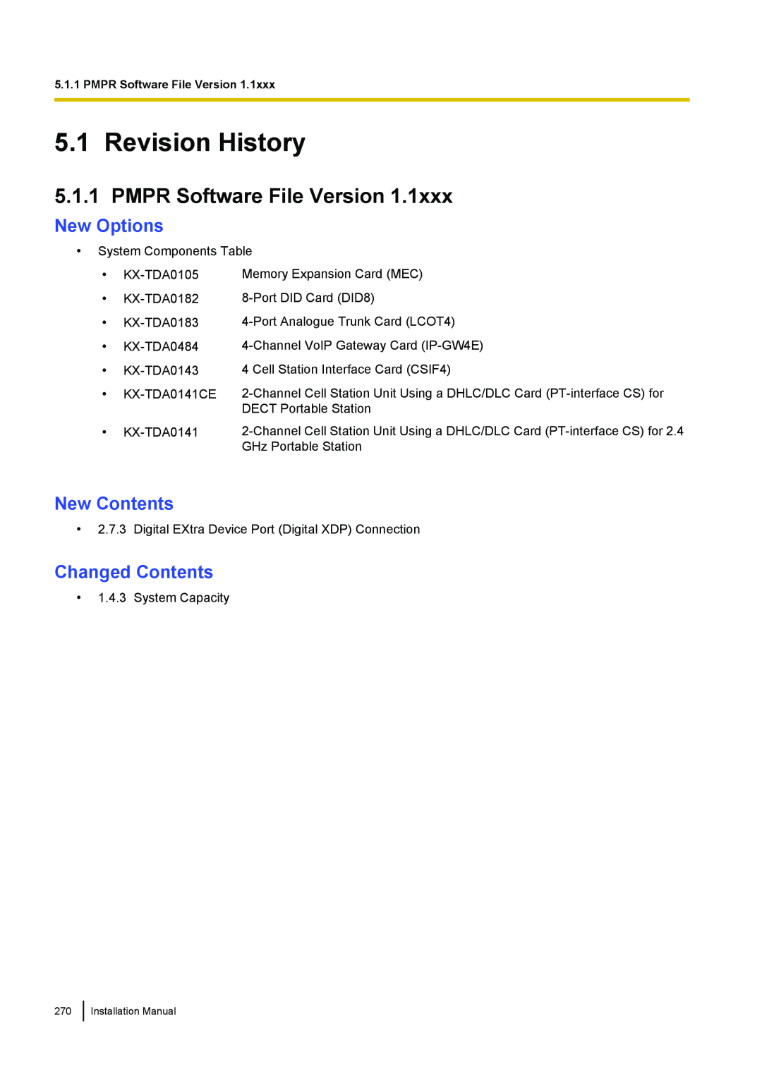 Panasonic KX-TDA100 installation manual Revision History, PMPR Software File Version, New Options, Changed Contents 