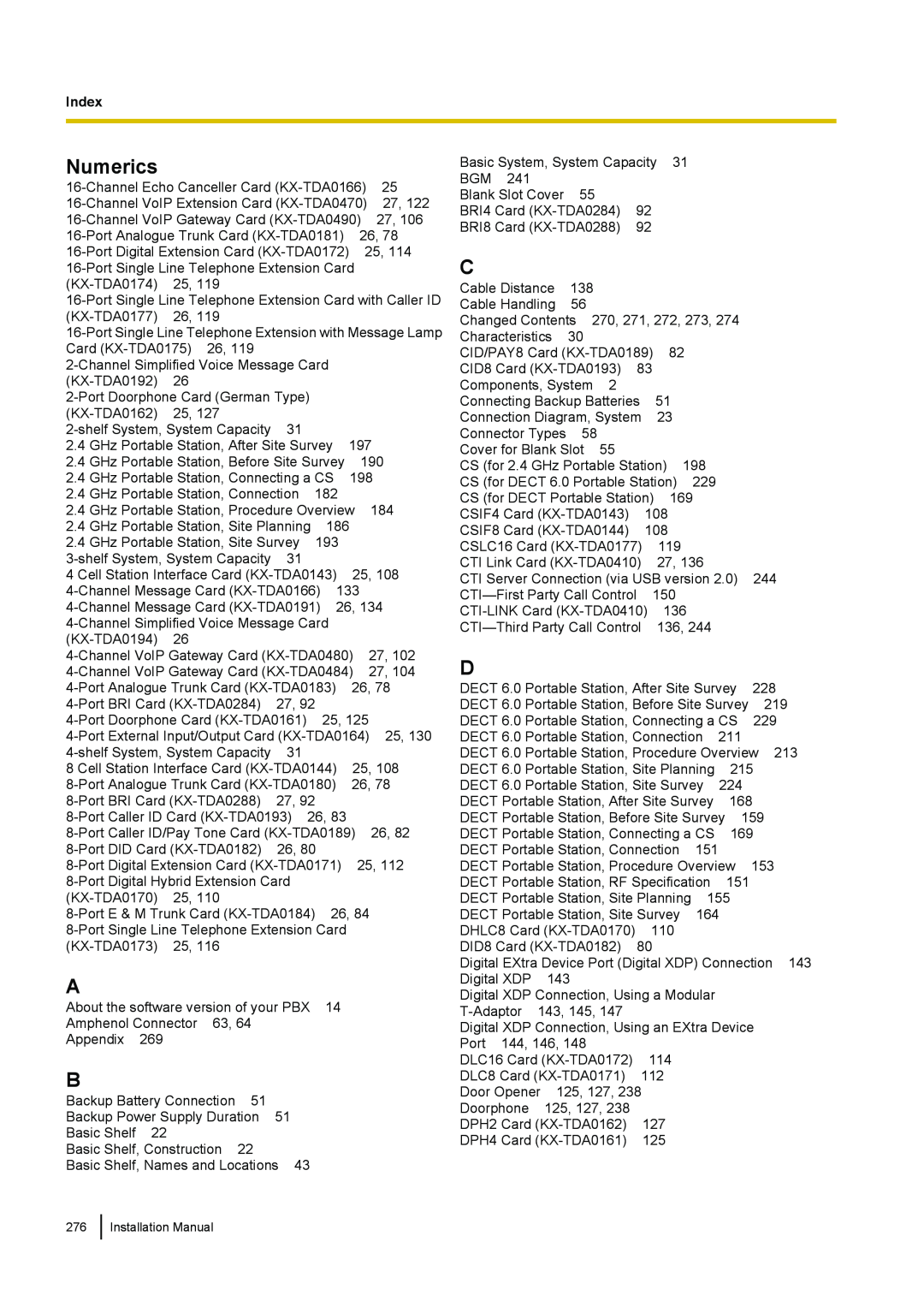 Panasonic KX-TDA100 installation manual Numerics, Index 