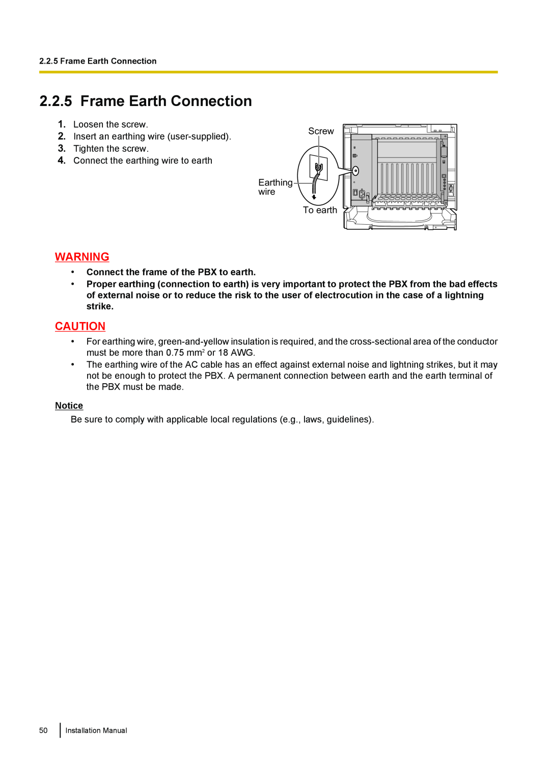Panasonic KX-TDA100 installation manual Frame Earth Connection, Connect the frame of the PBX to earth 
